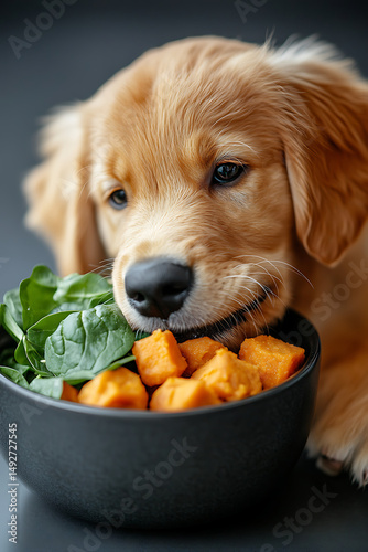 Isolated on white background an adorable golden retriever puppy eagerly licking a bowl of homemade pet food with fresh turkey, sweet potatoes, and spinach,  playful motion blur Luxury Raw Pet Cuisine