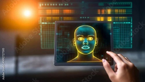 Tablet held with floating holographic face scan, showing ai art, biometric scanning and ai synthetic media for fake ai interfaces