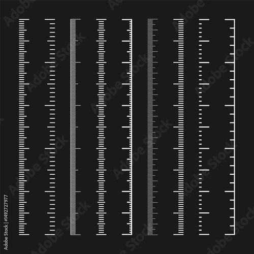 Vertical measurement scales with divisions. Realistic scale for measuring length or height in centimeters, millimeters or inches. Ruler, tape measure marks, size indicators. Vector illustration