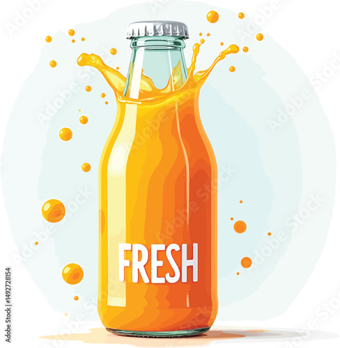 Fresh orange juice bottle illustration with splash for healthy drink and beverage advertising campaign