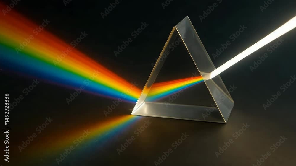Light refracting through prism creating colorful rainbow spectrum  