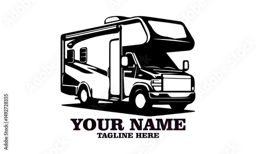 Motorhome camper vector icon, recreational RV camper van vector illustration. Motorhome camper logo design and recreational RV camper van logo art