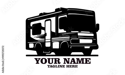 Motorhome camper vector icon, recreational RV camper van vector illustration. Motorhome camper logo design and recreational RV camper van logo art