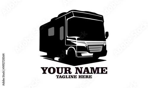 Motorhome camper vector icon, recreational RV camper van vector illustration. Motorhome camper logo design and recreational RV camper van logo art