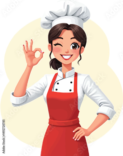 Cartoon chef woman illustration vector cooking baking culinary professional kitchen ok gesture wink happy