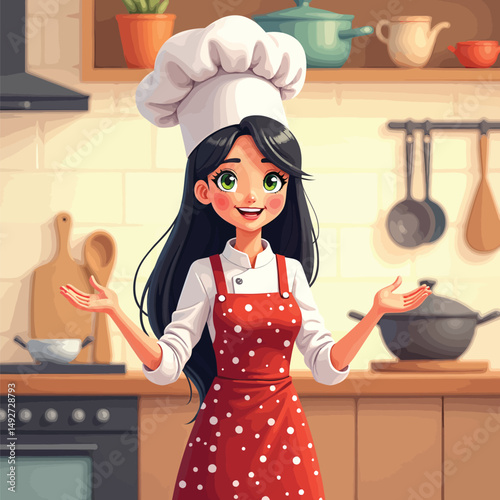 Cartoon chef woman cooking in kitchen illustration for culinary arts and food preparation learning guide