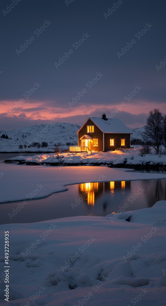 Fototapeta premium House at dusk in winter landscape