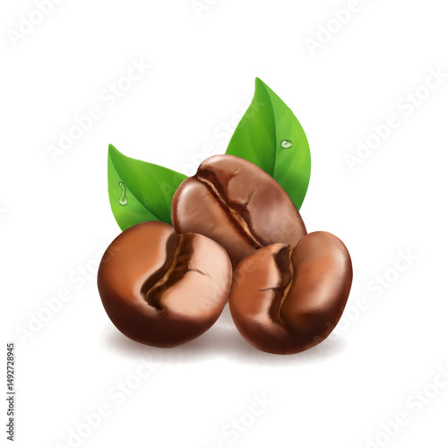 Roasted coffee beans and green leaves realistic 3d set. Coffee grain seeds on white background. espresso cappuccino logo
