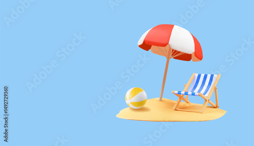 Beach Chair 3d illustration, Summer vacation umbrella and ball on a sand, Summer sea holiday, Time to travel concept. Lounge chair or deckchair