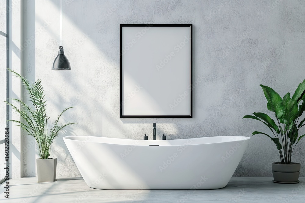 Fototapeta premium A modern. minimalist bathroom featuring a sleek freestanding bathtub. large window allowing natural light. and a potted plant. creating a serene and tranquil atmosphere