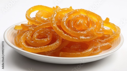 Close up of Jalebi a sweet dish from India on a white plate studio shot traditional dessert food photography
