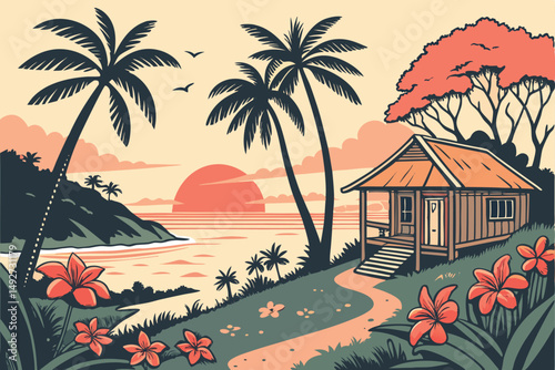 195 A tropical beach landscape with a thatched-roof hut, palm trees, vibrant flowers, and a stunning sunset over the ocean, digital art