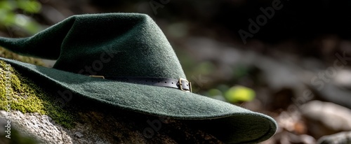 Dark green wide-brimmed hat resting on mossy rocks photo