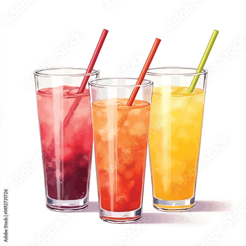 Refreshing summer drinks colorful cocktails with straws ice cubes on white background illustration image art