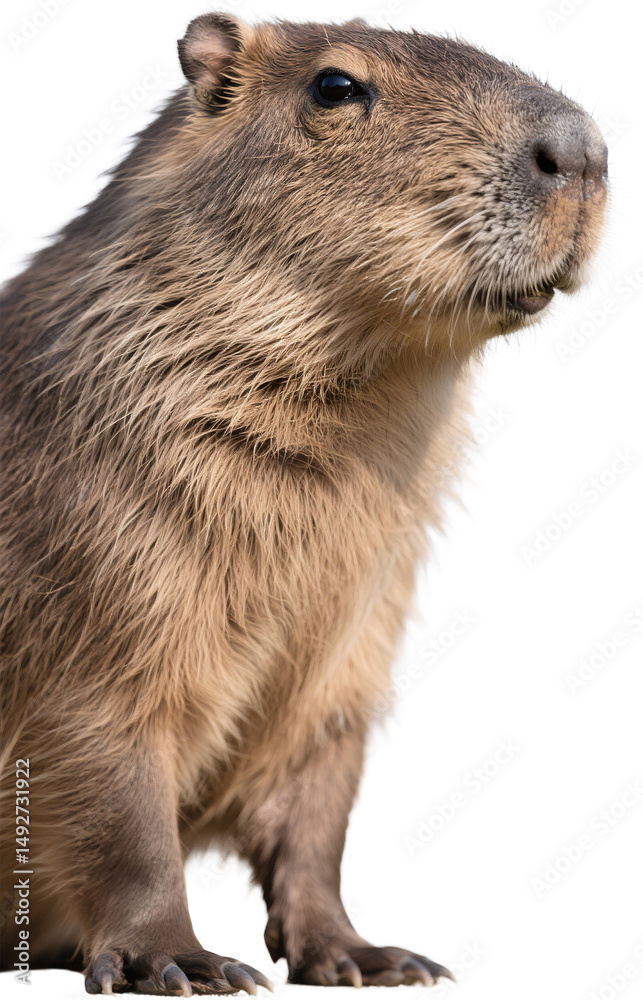 Fototapeta premium A soft and detailed face shot of a capybara as it gazes quietly with kind eyes and a peaceful air capturing the gentle spirit and laidback nature of this friendly creature