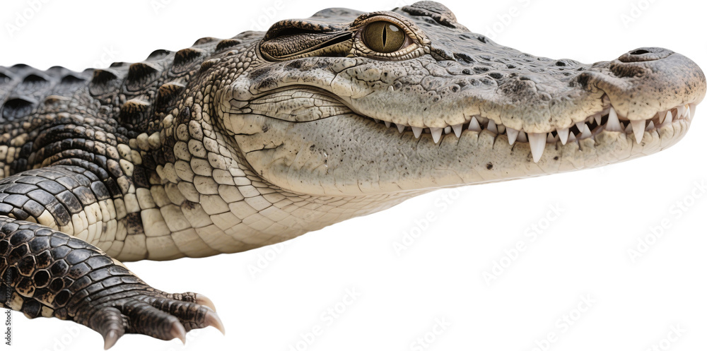 Fototapeta premium A striking face shot of an alligator highlighting its rough skin piercing eyes and frozen calm as it rests watchfully in the wild with primal strength and ancient depth