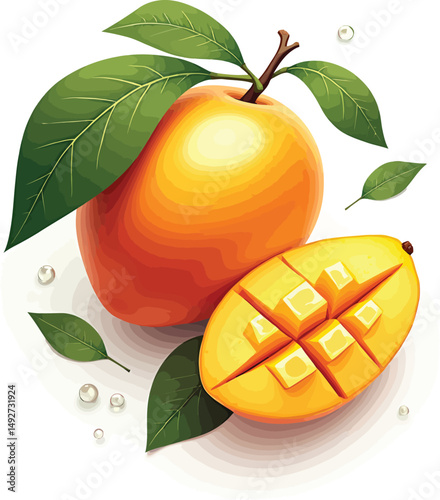 Fresh mango fruit illustration bright yellow color with green leaves healthy eating tropical fruit design