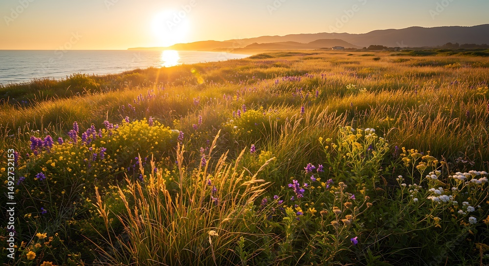 Fototapeta premium A sunlit coastal bluff covered in golden grasses and wildflowers 