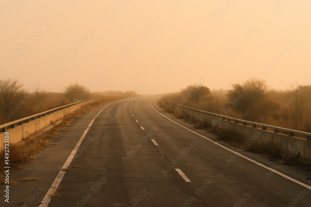 Fototapeta premium Cinematic view of deserted highway stretching into orange misty distance lined with brush and dry landscape