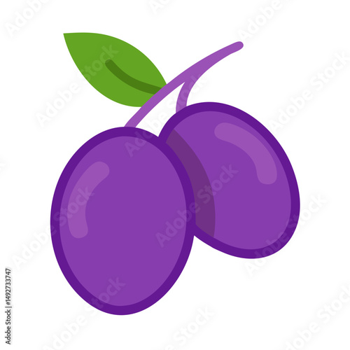 Two plums with stem and leaf on black background