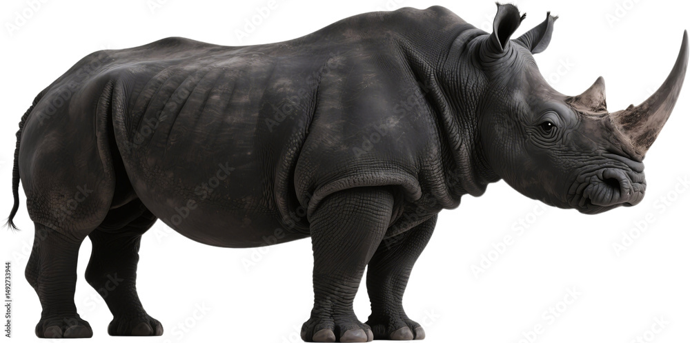 Fototapeta premium This giant rhinoceros is captured from the side showing off its huge horn and armor-like skin. A calm yet formidable presence in the wild with an unmistakable prehistoric look.