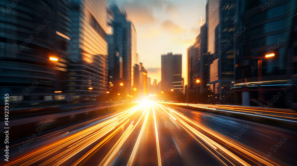 Fototapeta premium Vibrant cityscape at sunset, showcasing dynamic light trails from moving vehicles, creating sense of speed and energy