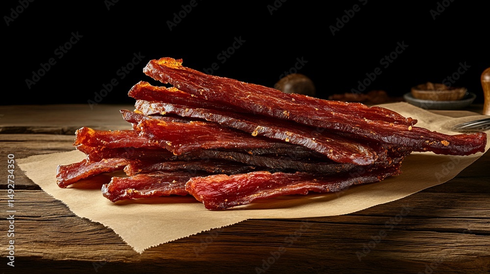 Butcher's delight gourmet beef jerky preparation artisan meat crafting rustic kitchen environment flavorful dry meat experience Butcher's delight gourmet beef jerky preparation artisan meat crafting rustic kitchen environment flavorful dry meat experience