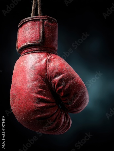 A worn red boxing glove dangles against a deep black background, showcasing its textured surface and history. This scene symbolizes the intensity of boxing and the dedication involved in training