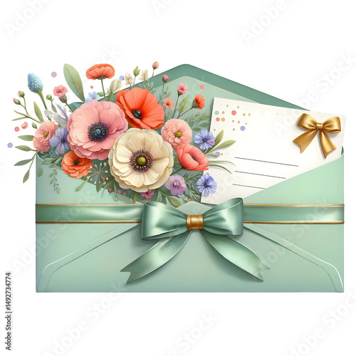 Green envelope with blank card and flowers on a transparent background. Generative AI