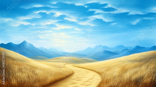 Scenic landscape of rolling hills with a path and distant mountains