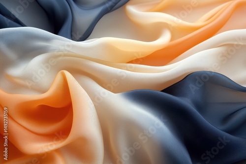 Flowing sheer fabric in navy, ivory, and orange hues with soft shadows. Use as background or texture for design, art, or creative projects.