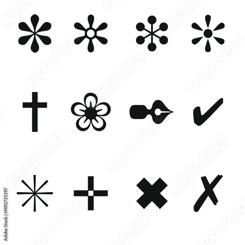 Collection of black icons and symbols on a white background