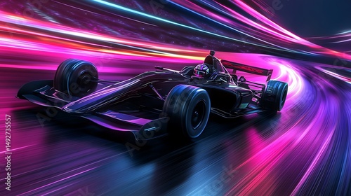 Racing car speeding through light tunnel