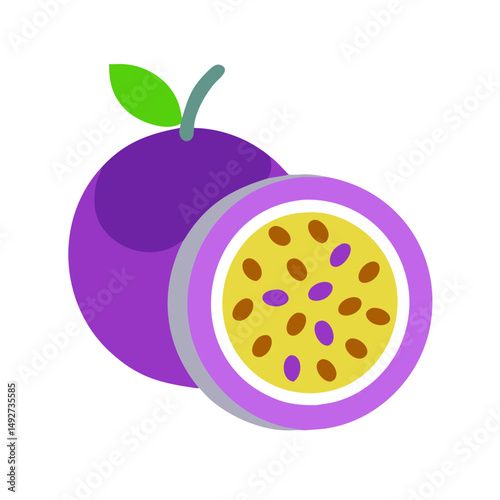 Illustrated passion fruit half with whole fruit still attached