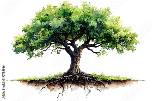 Majestic oak tree roots soil watercolor painting