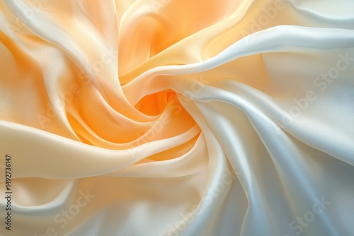 Swirls of silky fabric in white and light orange shades fill the frame. Use as soft, luxurious background for cosmetics or fashion concepts.