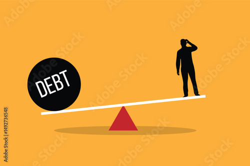 Debt Outweighs Silhouette of Confused Business Man. Making money and being in difficult financial situation vector art
