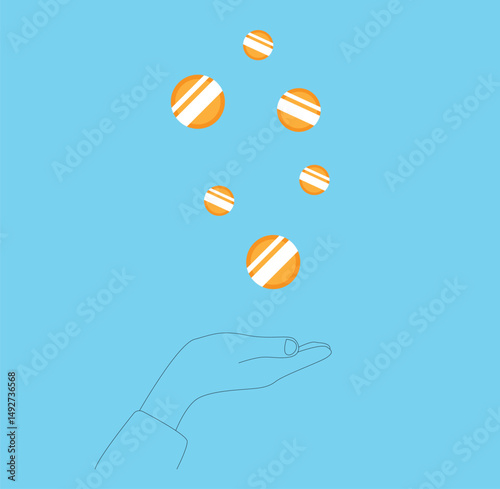 Coins Falling into Hand Line Art. Finances and earning money vector art