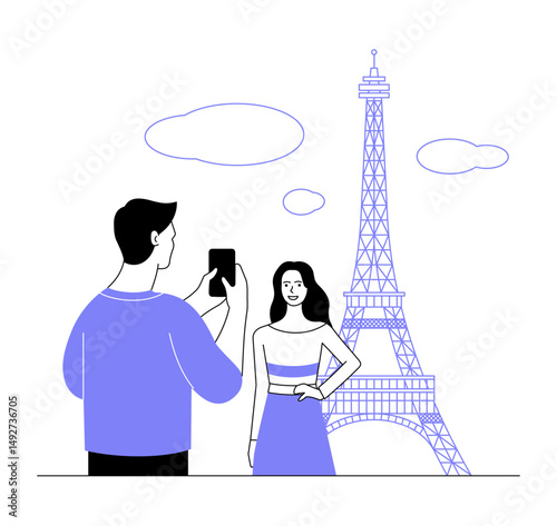 A guy takes a photo of a girl in front of the Eiffel Tower in Paris. Line illustration