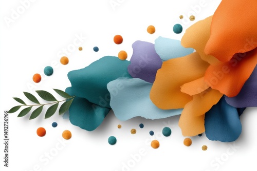Colorful abstract art piece with vibrant shapes and natural elements on a white background