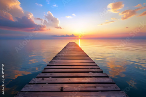 Stunning Long Exposure of Wooden Pier Leading to Calm Sea Waters at Sunset, Perfect for Tranquil Nature and Travel Themes