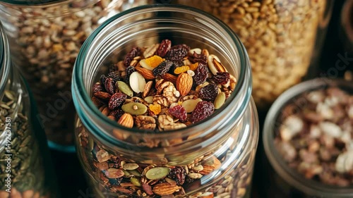 assorted granola ingredients inside glass jars on wooden table, nuts, seeds, dried fruit