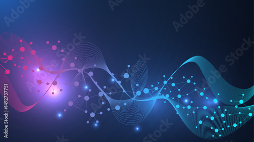 Modern abstract molecules structure for science or medical background. DNA helix or atom visualization. Molecular wave flow abstract background. Vector illustration