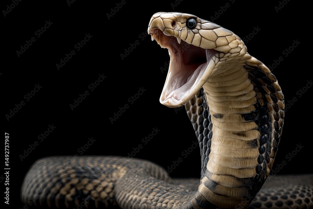 Fototapeta premium King Cobra: Majestic Threat, Dramatic Black Background