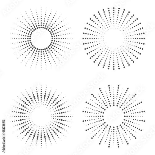 Dotted frames graphic templates set. Abstract halftone backgrounds from points circularly distributed isolated on the white background. Vector illustration