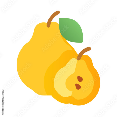 Two yellow pears with a single green leaf isolated