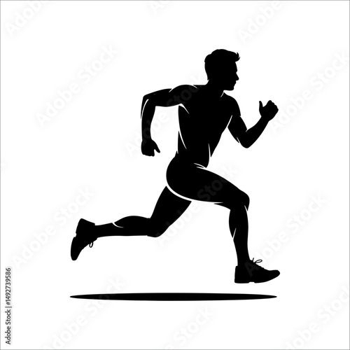 Silhouette of athletic man running fast with speed motion lines isolated on white background.