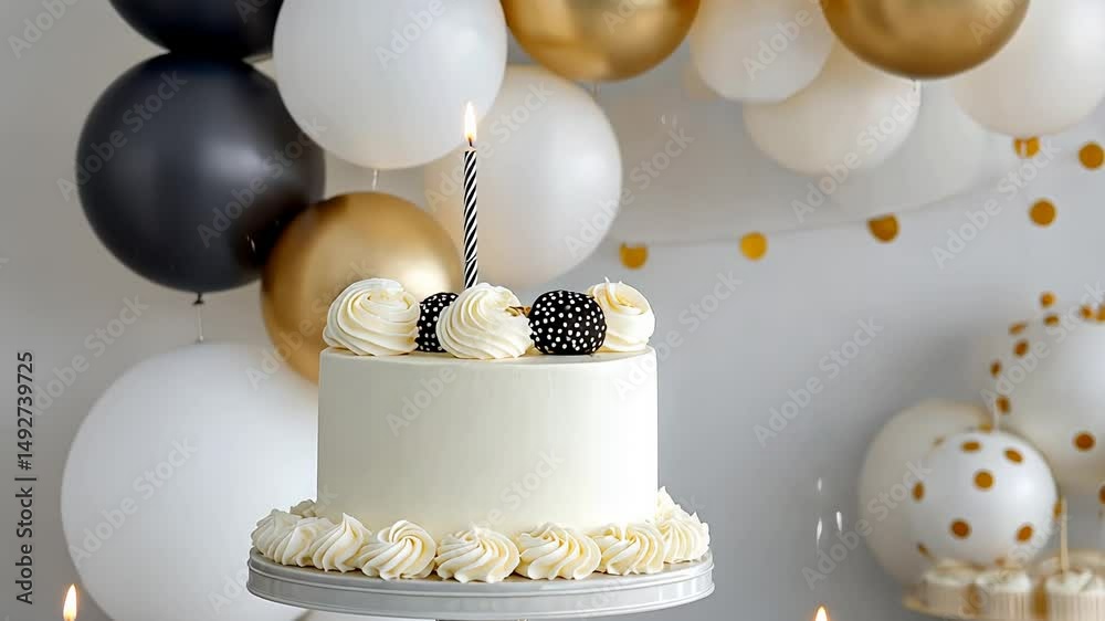Elegant white cake with black candle and gold balloon decor for celebration event.