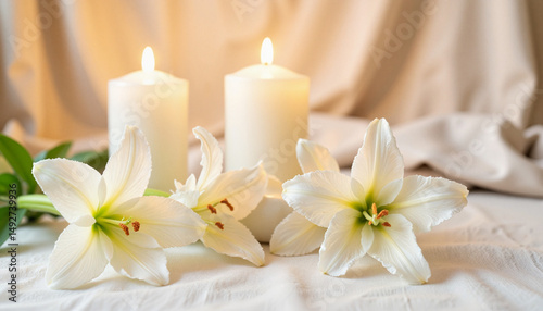 White lilies with candles on soft fabric background  