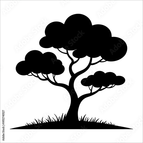 Silhouette of a tree with broad rounded canopy and thick trunk isolated on white background.